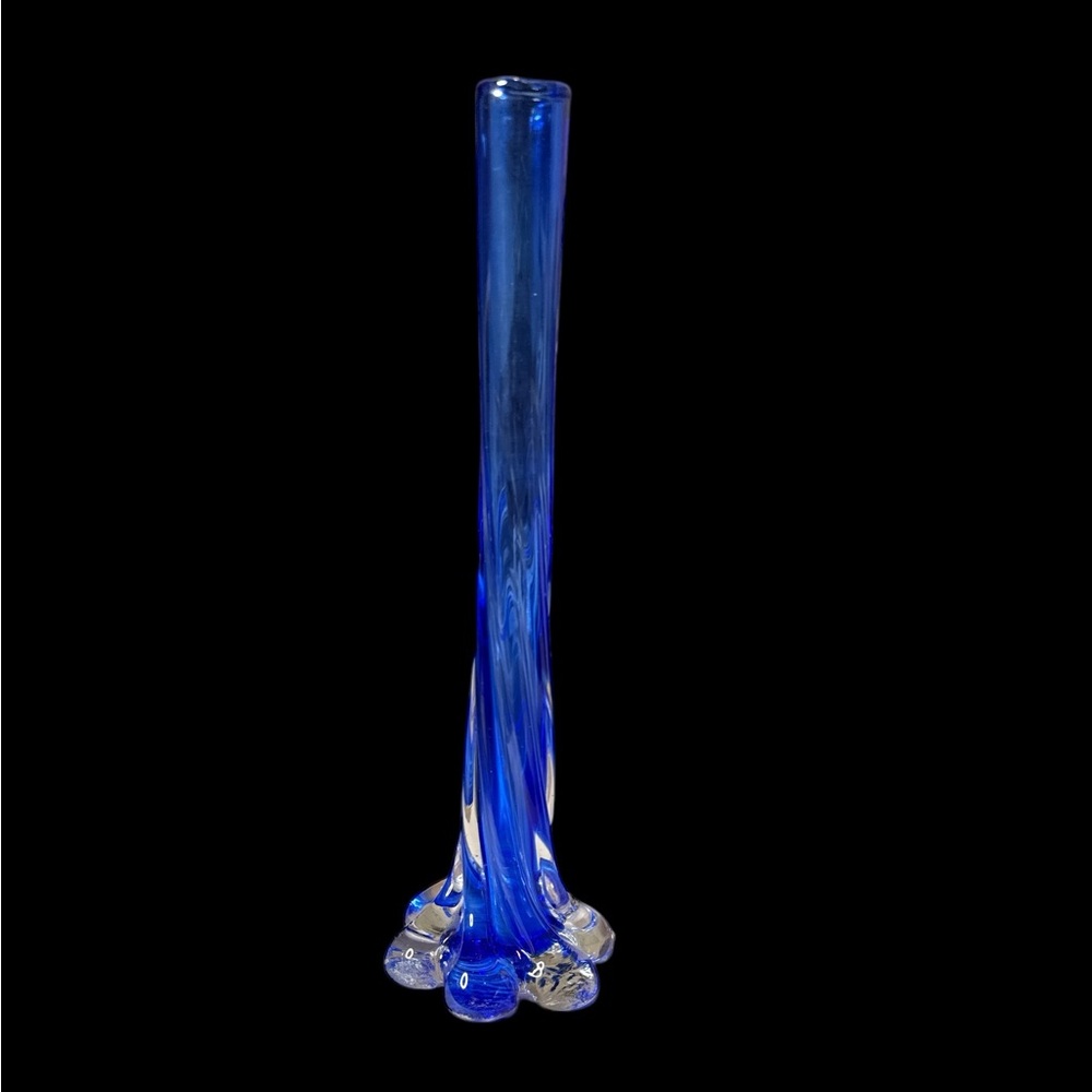 Hand Blown Cobalt Blue Twisted Ribbed Neck Art Glass Bud Vase (5-G)